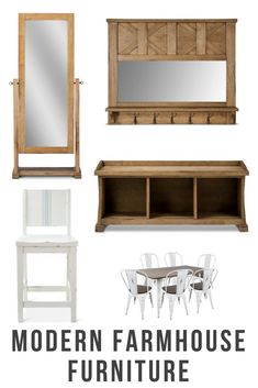 the modern farmhouse furniture collection is shown with chairs, tables and mirrors in various styles