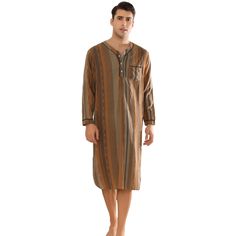 This multicolor-striped long-sleeved nightgown has a unique look that's different from regular striped designs. These long-sleeved nightshirts have a V-neck and front button design for easy wear and comfort. This casual striped nightshirt is suitable for daily wear, or for relaxing at home, vacation, etc. The nightgown can offer a comfortable feeling when you are taking a rest at home. Casual Long Sleeve Nightgown For Home, Striped Long Sleeve Relaxed Fit Sleepwear, Casual Striped Long Sleeve Sleepwear, Striped Long Sleeve Sleepwear In Relaxed Fit, Striped Long Sleeve Sleepwear With Relaxed Fit, Brown Long Sleeve Sleepwear, Long Sleeve Fall Nightgown For Sleep, Home Vacation, One Piece Man