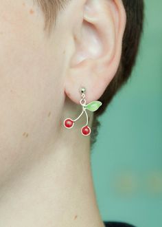 Tiny cherry post earrings Gift Green Earrings With Fruit Design, Green Fruit Design Earrings As Gift, Green Fruit Design Earrings Gift, Green Fruit Design Earrings For Gifts, Summer Gift Cherry Earrings, Handmade Cute Cherry Earrings, Handmade Cherry Cute Earrings, Nickel Free Cherry Earrings For Gift, Nickel Free Cherry Colored Earrings For Gift