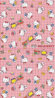 hello kitty wallpaper in pink and white checkerboard with lots of cartoon characters on it