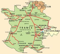 a map of france with all the major cities and roads in green, including paris