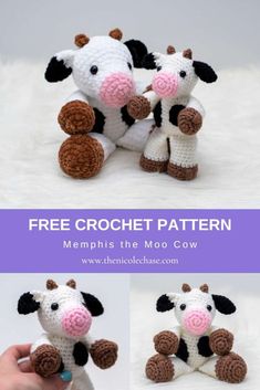 two crocheted stuffed cows sitting next to each other with the text free crochet pattern