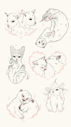 some drawings of cats and dogs sleeping together