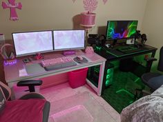 two computer monitors sitting on top of a desk in a room filled with other furniture