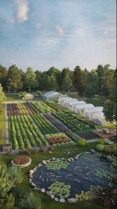 an artist's rendering of a garden in the middle of a pond and several rows of greenhouses