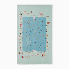 a blue towel with small images of people in the sky and on top of it