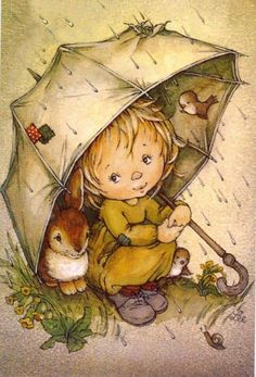 a painting of a little boy holding an umbrella with a cat under it on the ground