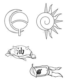 four different symbols that are drawn in black and white, each with an image of the sun