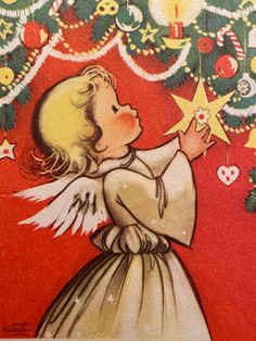 an angel holding a star in front of a christmas tree with stars and ornaments on it