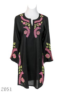 "2051 Tunic Top Beautiful Kurta in stunning neon color embroidery. Made with superior soft cotton this outfit just envelope you in softness and comfort. The neon-colored embroidery on the front, sides, sleeves endings, and on back neckline adds to the wow factor of this Tunic top. Kurta-style top with side slits for easy wear.  Color: Black with Neon, White with Neon * Easy relaxed look Tunic Top  * Long sleeves  * Length (Small Size) 35\"  CARE: -Easy care machine washable with light colors in gentle cycle tumble dry low remove promptly. Steam iron or warm iron as needed. *Quality merchandise shipped from the USA" Floral Embroidered Long Sleeve Top For Vacation, Long Sleeve Floral Embroidered Top For Vacation, Multicolor Embroidered Long Sleeve Top For Spring, Multicolor Long Sleeve Embroidered Top For Spring, Spring Embroidered Top With Contrast Embroidery, Long Sleeve Floral Embroidered Top For Beach, Fitted Embroidered Top For Vacation And Spring, Multicolor Embroidered Long Sleeve Beach Top, Long Sleeve Embroidered Top For Beach