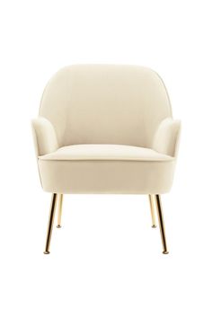 an upholstered white chair with gold legs and arm rests on a white background