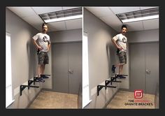 a man standing on top of a step ladder in an office cubicle with the door open