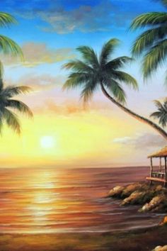 an oil painting of palm trees on the beach with a gazebo in the foreground