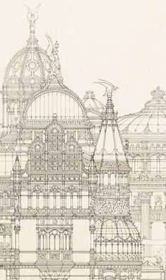 an architectural drawing of a large building with many spires and arches on the roof