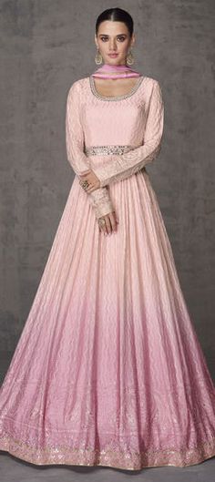 Pink and Majenta color Gown in Georgette fabric with Embroidered, Mirror, Sequence, Thread work Long Gown With Dupatta, Baby Pink Gown, Indian Designer Gowns, Anarkali Design, Long Anarkali Gown, Gowns For Wedding, Silk Kurti Designs, Georgette Anarkali, Gown With Dupatta