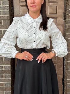 Cute vintage style  blouse with puffy sleeves.  **Material: polyester  **Size 40(M) **Model is size S/M and 170 cm 66.8" growth, bust 89cm/35.0", hips 99cm/39.0 **Great  condition! No holes or spots!! **This item will come to you freshly laundered and ready to wear. Polka Dot Long Sleeve Blouse For Work, Polka Dot Blouse For Office In Fall, Fitted Long Sleeve Polka Dot Blouse, Classic Bishop Sleeve Office Blouse, Classic Bishop Sleeve Blouse For Office, Classic Office Blouse With Bishop Sleeves, Bishop Sleeve Fitted Blouse For Office, Classic Fitted Polka Dot Blouse, Elegant Swiss Dot Blouse For Workwear