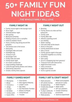 the 50 family fun night ideas list is shown in red and white with text that reads,