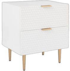 a white cabinet with two drawers and wooden legs