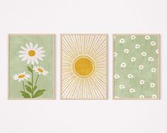 three flower paintings are hanging on the wall next to each other, one has a sun and two have daisies