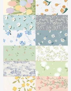 six different floral wallpapers in various colors and sizes, each with flowers on them