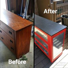 before and after photos of an old dresser turned into a side table with metal mesh inserts