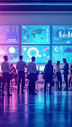 A group of people in business attire stand and converse in a modern office with large digital screens displaying data, charts, and maps. Screens emit blue and purple light, emphasizing the analytical environment. Desks with computers are visible in the background. Machine Learning