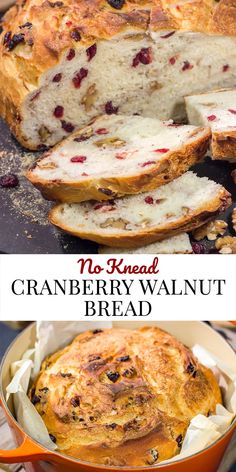 cranberry walnut bread in an orange pan with text overlay that reads, no knead cranberry walnut bread