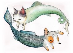 two cats and a fish are depicted in this watercolor drawing