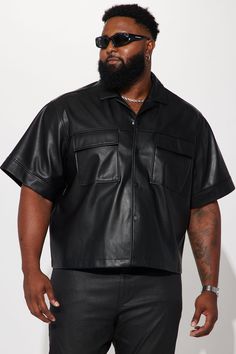 Available In Black. Fold Down Collar Chest Pockets Front Button Closure Short Sleeve Shell: 100% Polyurethane Coating: 100% Polyurethane Backing: 100% Polyester Imported | Mens High Stepper Faux Leather Button Up Shirt in Black size 3XL by Fashion Nova Leather Shirt Men, Black Button Up Shirt Outfit Men Streetwear, Black Unbuttoned Shirt Men, Men’s Leather Shirt Outfit, Black Leather Short Sleeve Shirt, Leather Shirt Outfit, Black Button Closure Shirt For Streetwear, Leather Button Up, Service Women