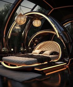 a futuristic bed with lights on the headboard and foot board in front of it