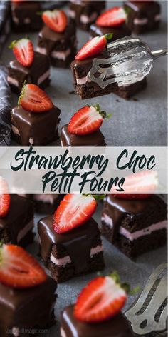 strawberry choc petit fours with chocolate frosting and sliced strawberries on top