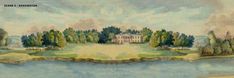 an old painting of a large house by the water's edge with trees on both sides