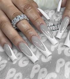 White And Gray Nails, Nails Gray, White French Tips, Maquillage On Fleek, Acrylic Toe Nails, Drip Nails, Long Acrylic Nails Coffin, Acrylic Nails Coffin Pink, Tip Nails