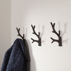 three coat hooks are hanging on the wall next to a coat rack with two coats