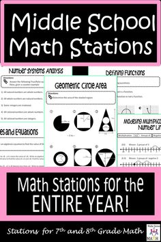 the middle school math stations for the entire year with text overlaying and numbers