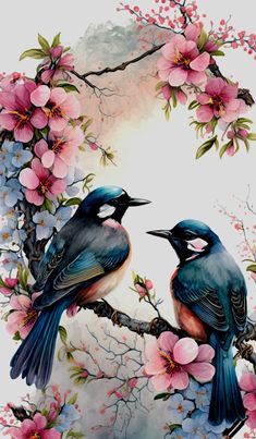 two birds sitting on a branch with pink flowers