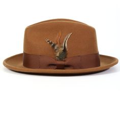 Upgrade your hat game with our Montique Saddle Snap Brim Crushable Wool Felt Fedora Hat featuring a stylish feather accent. Crafted from 100% wool, this hat boasts a sophisticated pinch crown design and a classic 2" brim. Complete with a grosgrain ribbon for added charm, this hat exudes elegance and style. With no lining, it's lightweight and comfortable for all-day wear.     Pinch crown design  Chic feather accent    Snap brim  Solid Color    Built-in sweatband   Made from 100% wool  2" brim  4" Crown   Grosgrain ribbon   No lining for lightweight comfort   Size XL available for an additional $5     H10- Saddle Fitted Brown Hat For Kentucky Derby, Brown Flat Bill Felt Hat For Kentucky Derby, Brown Felt Flat Bill Hat For Kentucky Derby, Kentucky Derby Top Hat With Flat Bill, Vintage Brown Felt Hat With Flat Bill, Vintage Brown Top Hat With Flat Bill, Vintage Brown Flat Bill Felt Hat, Brown Flat Bill Hat Bands For Kentucky Derby, Vintage Fedora For Kentucky Derby With Flat Bill