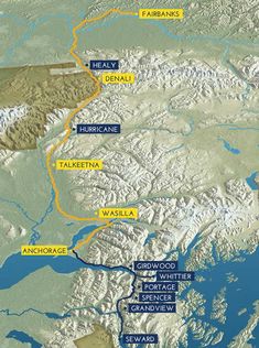 a map showing the location of several different areas in alaska, including mountains and lakes