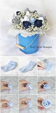 the instructions for how to make a baby socks bouquet with blue flowers and white blooms