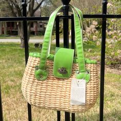 Vintage Straw Studio Nwt Handbag With Green Vinyl Handles And Silver Buckle. This Purse Is The Cutest. Opens And Shuts By Moving Silver Circle Up And Down As Shown In Video. Zips Close. White Cloth Interior With Two Small Pockets. Bright Green Vinyl Handles. Approx Measurements: 8.5 Inches Across At The Top, About 10 Inches Across At Widest Point. 7 Inches Tall. There Are Some Extremely Slight Scratches On The Green Tab Near The Buckle As Show. Also, There Is One Mark Where Silver Tone Was Scrap Green Summer Satchel With Adjustable Strap, Green Satchel With Adjustable Strap For Summer, Green Straw Bag With Adjustable Strap For Spring, Spring Green Straw Bag With Adjustable Strap, Casual Green Satchel With Leather Handles, Summer Rectangular Shoulder Bag With Snap Closure, Rectangular Shoulder Bag With Snap Closure For Summer, Green Bags With Leather Handles For Spring, Green Everyday Satchel Straw Bag