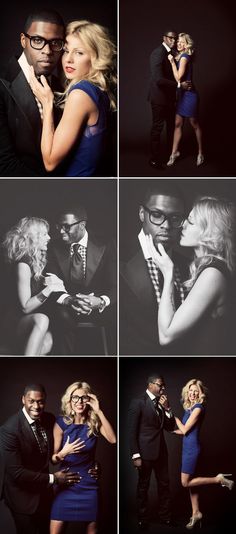 four different shots of a man and woman kissing