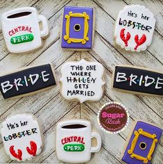 decorated cookies with different sayings on them for the bride and groom's party