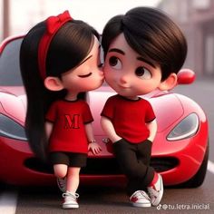 two children sitting on the hood of a red sports car with their faces close to each other