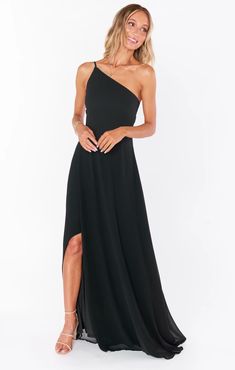 A Line Maxi Dress Formal, Chic Asymmetrical Neckline Maxi Dress For Wedding, Formal Off-shoulder Maxi Dress With Side Slits, Chic One Shoulder Maxi Dress For Bridesmaids, Evening Off-shoulder Maxi Dress With Side Slits, One Shoulder Maxi Dress With Side Slits For Prom, Chic Asymmetrical One Shoulder Prom Dress, Floor-length Maxi Dress With Side Slits For Bridesmaid, One Shoulder Floor-length Dress With Side Slits For Gala