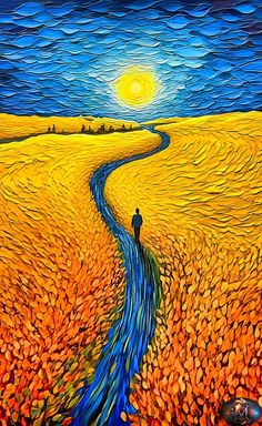 a painting of a person walking down a path in the middle of a wheat field