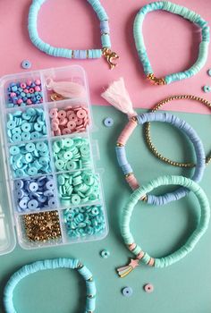 Make your own set of stretchy bracelets with a kit that includes all the supplies you need! This is the perfect gift or a fun craft for a party, sleepover, or girls night! Makes at least 5 adult-sized bracelets. This kit includes: 1 Plastic box Clay, seed, and spacer beads Tassel, dolphin, and shooting star charms Stretch cord Jewelry glue Product will ship 4-5 business days after ordering. Party Sleepover, Diy Jewelry Set, Jewelry Kit, Diy Jewelry Kit, Jw Gifts, Cord Jewelry, Jewelry Kits, Fun Craft, Wish Bracelets