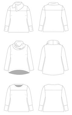 the front and back views of a women's top with long sleeves, collared neck