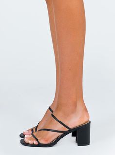 Yazmin Heels Black by Billini Mules Open toe Fine strap detailing Mid block heel Non leather upper, lining & sole Heel height: 8cm / 3.14” Hoco Heels, Black Heels Low, Hoco Dress, Black Princess, Short Heels, Casual Dress Shoes, Lace Up Wedges, Bridesmaid Shoes, Bodysuit Black