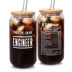 two mason jars filled with iced drinks on top of each other