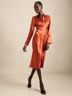 Enchant Silk Shirtdress | Banana Republic Best Jeans For Women, Semi Formal Dresses, Formal Dresses For Women, Silk Charmeuse, Banana Republic Dress, Fashion Over 50, Orange Dress, Shirtdress, Cocktail Dress Party